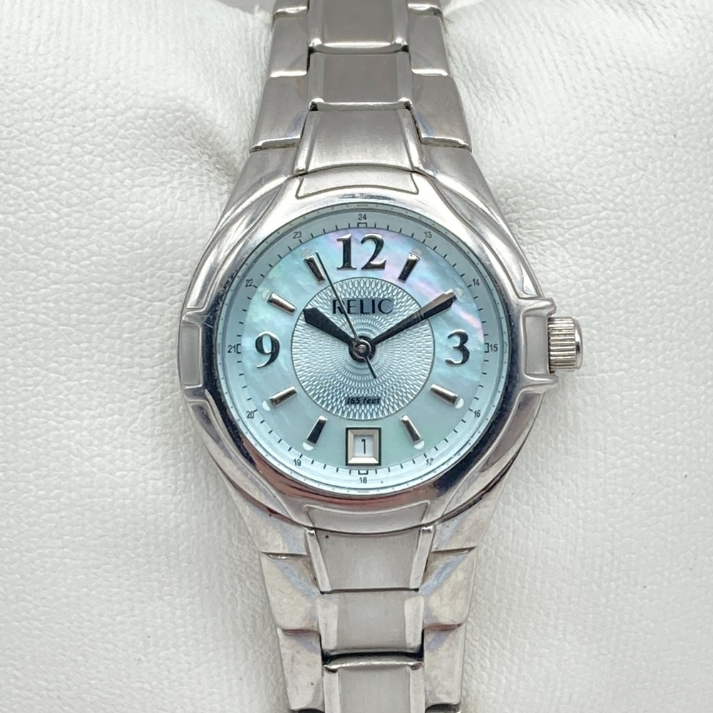 Fossil Relic Women's Watch 27mm Silver Tone Date Blue MOP 50M New Battery 6.25"